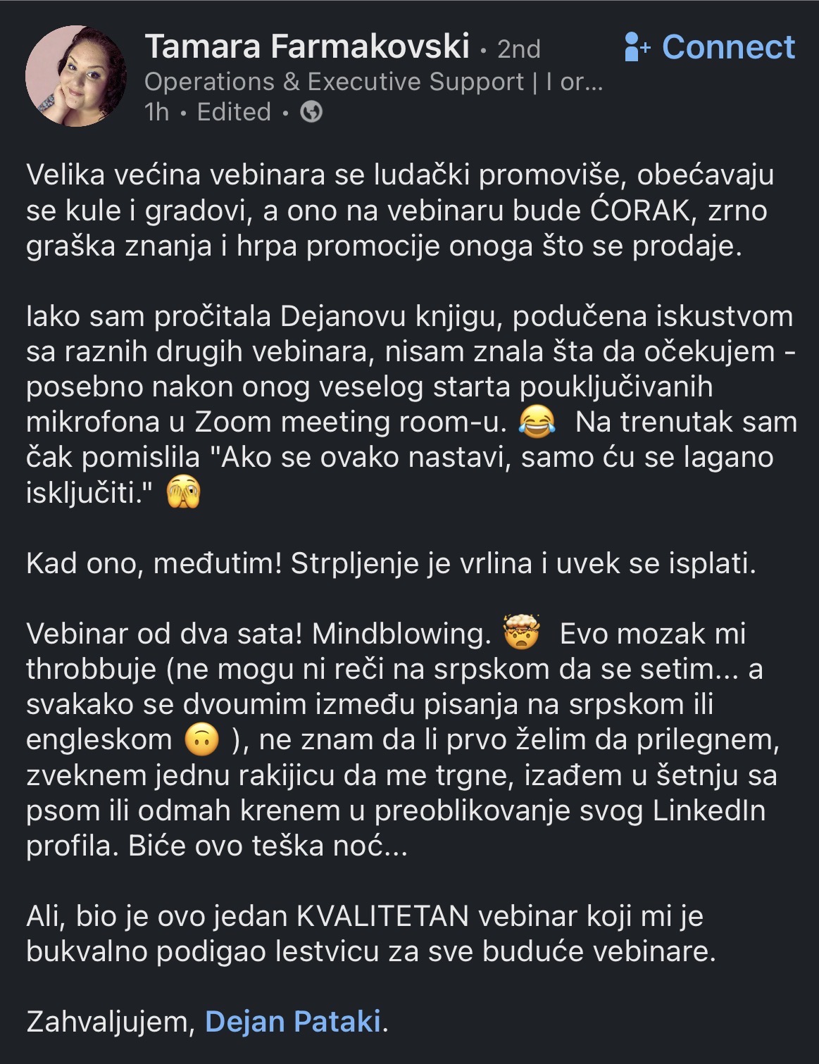 Tamara Farmakovski — utisak sa webinara