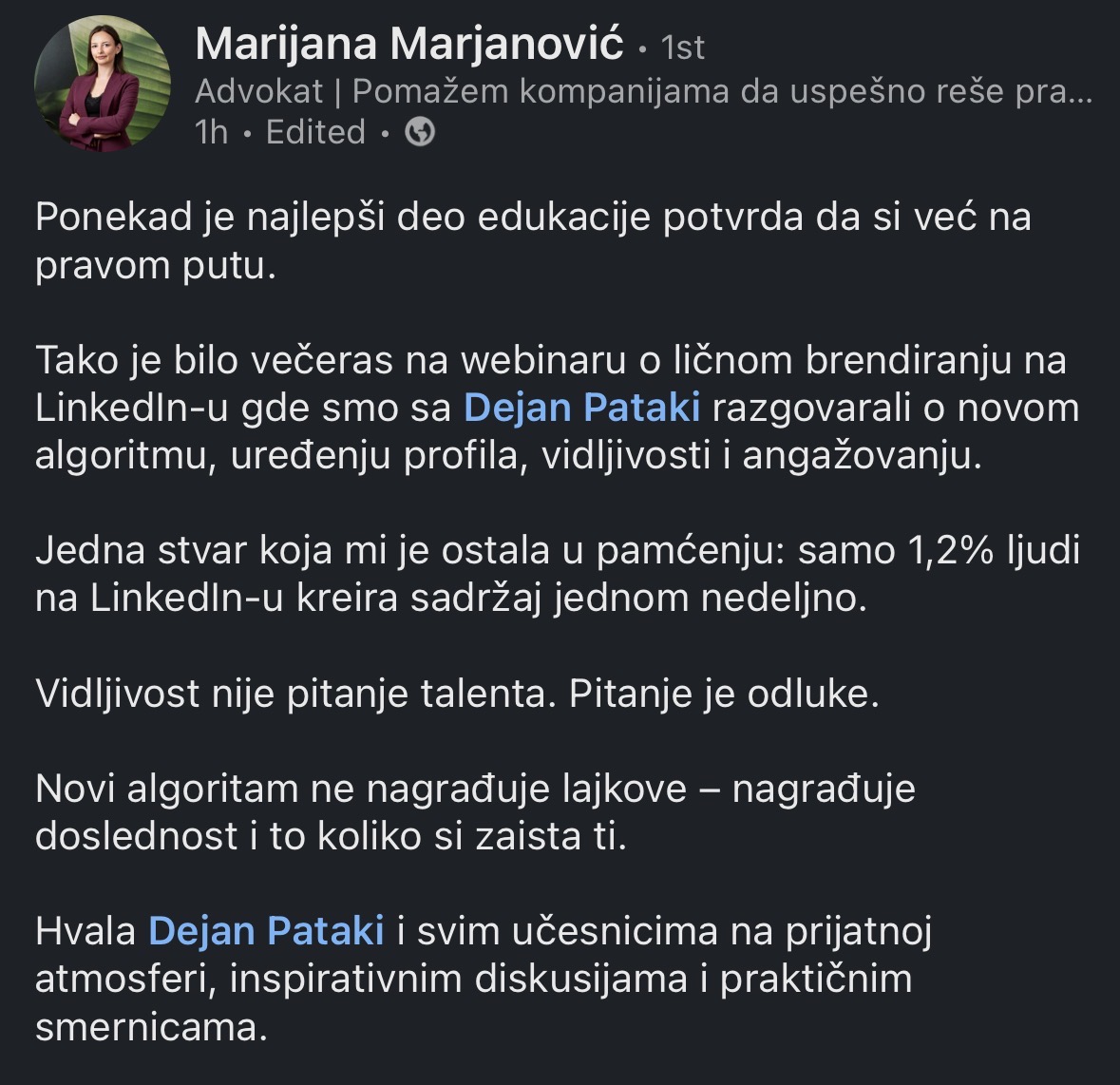 Marijana Marjanović — utisak sa webinara
