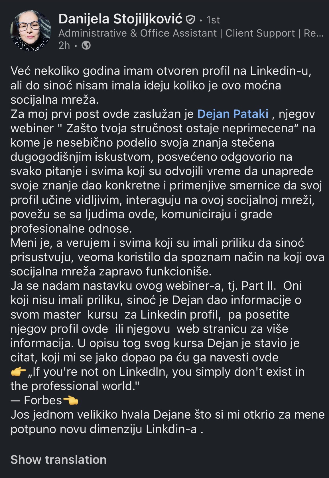 Danijela Stojiljković — utisak sa webinara