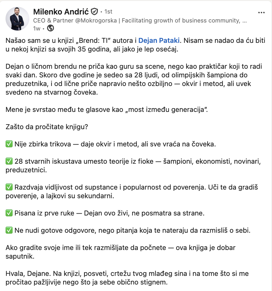 LinkedIn objava Milenko Andrića o knjizi Brend: TI