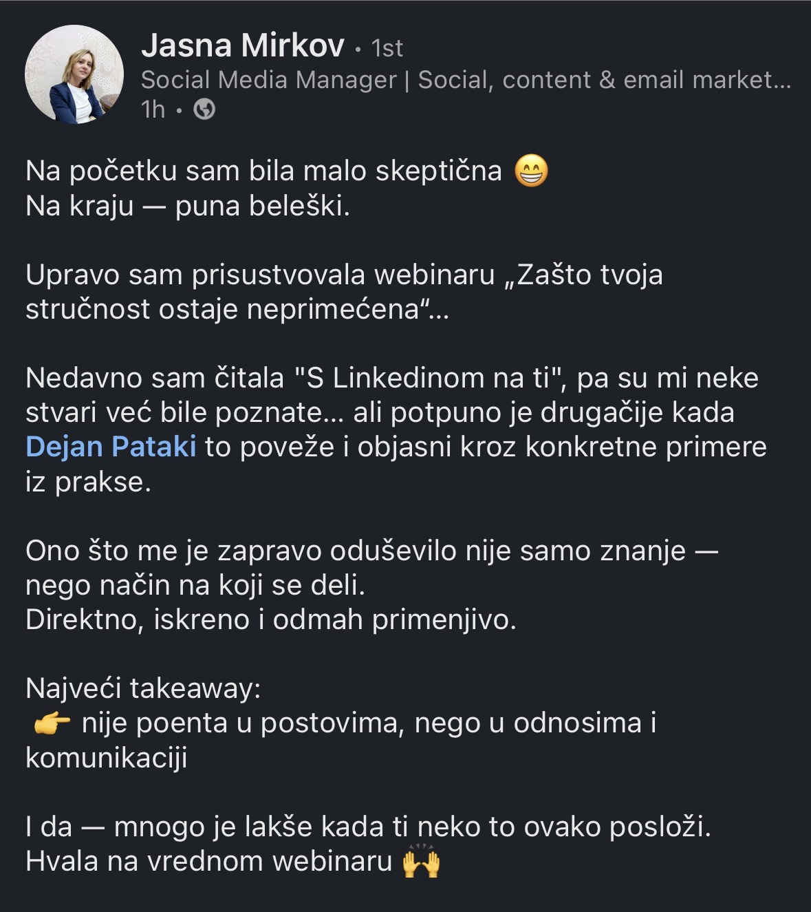 Jasna Mirkov — utisak sa webinara