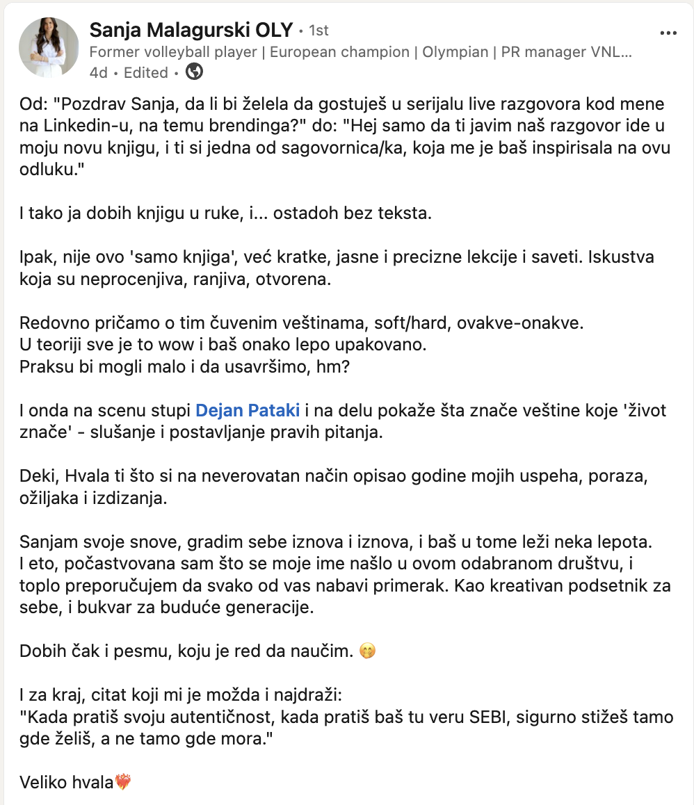 LinkedIn objava Sanje Malagurski o knjizi Brend: TI