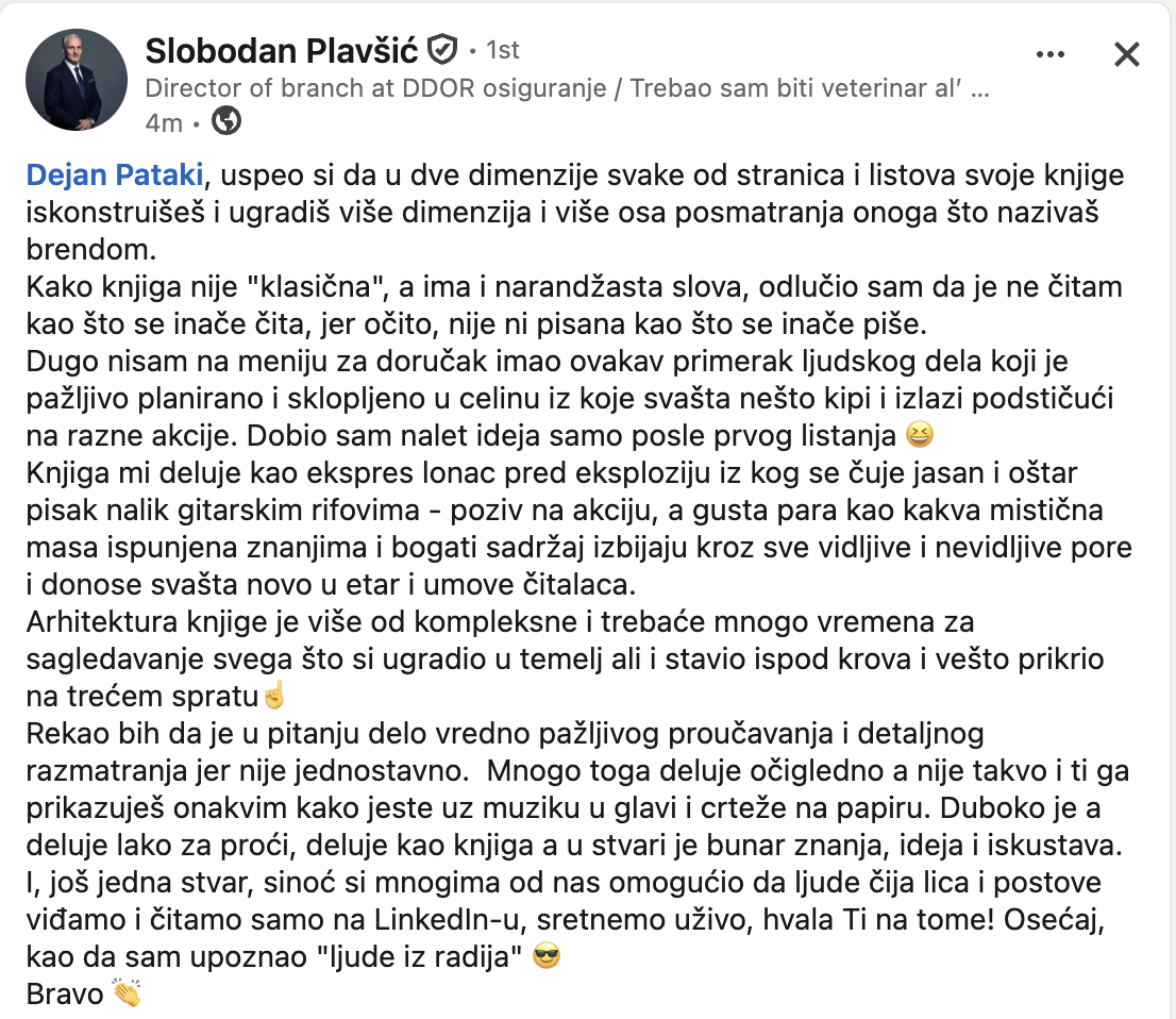 LinkedIn objava Slobodana Plavšića o knjizi Brend: TI