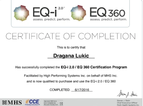 Dragana Lukić — EQ-i 2.0 / EQ 360 Certificate of Completion, MHS, 2016