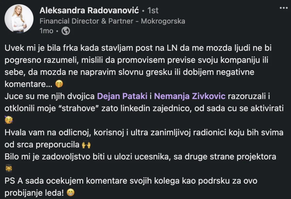 Aleksandra Radovanović – LinkedIn objava