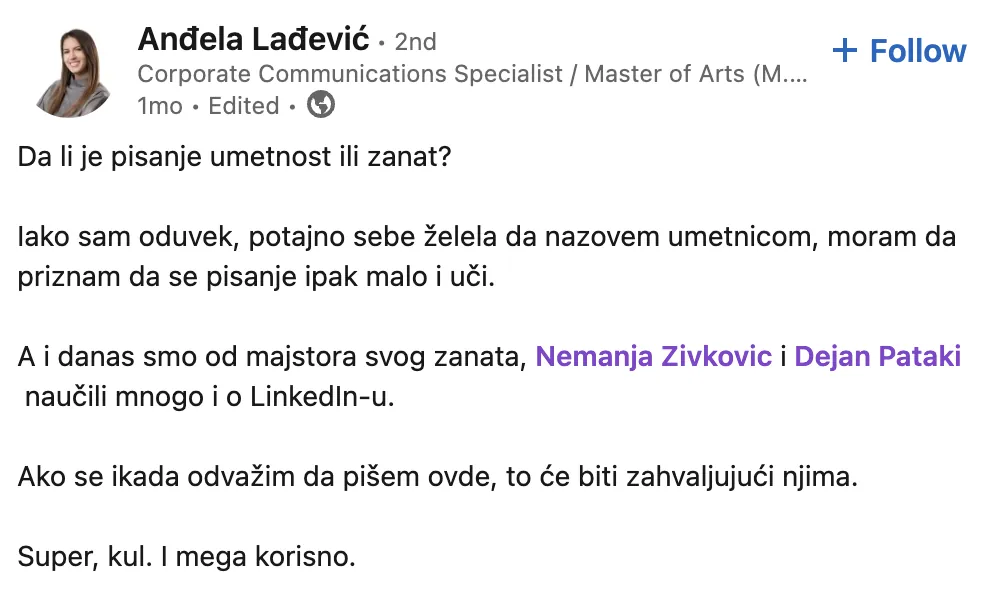 Anđela Lađević – LinkedIn objava