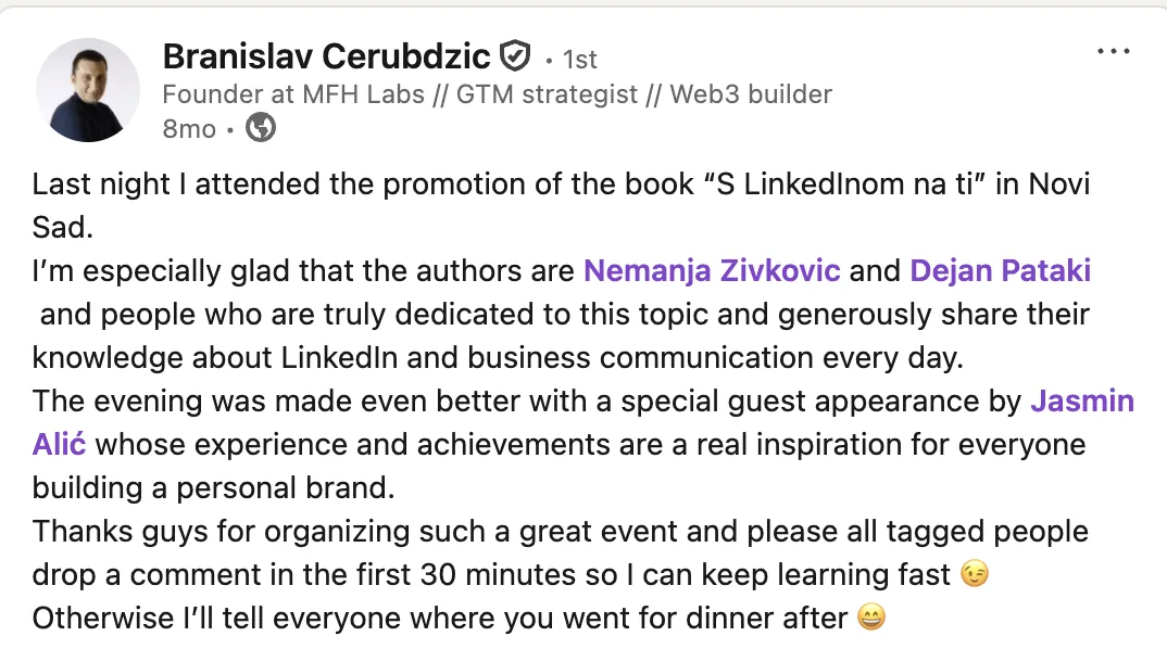 Branislav Cerubdžić – LinkedIn objava