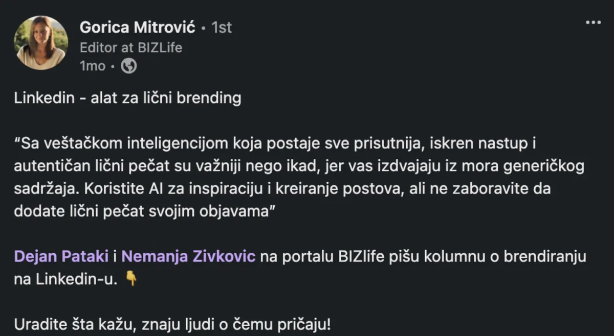 Gorica Mitrović – LinkedIn objava