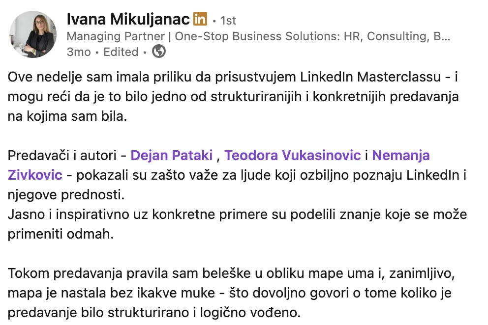 Ivana Mikuljanac – LinkedIn objava