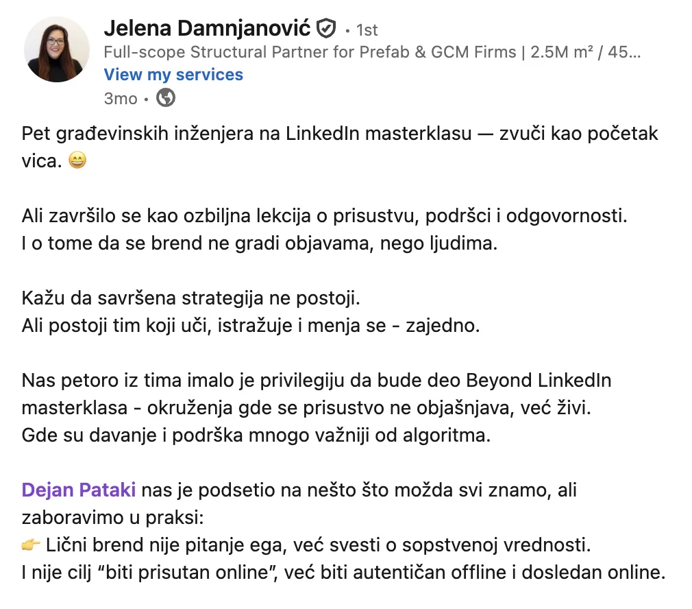 Jelena Damnjanović – LinkedIn objava