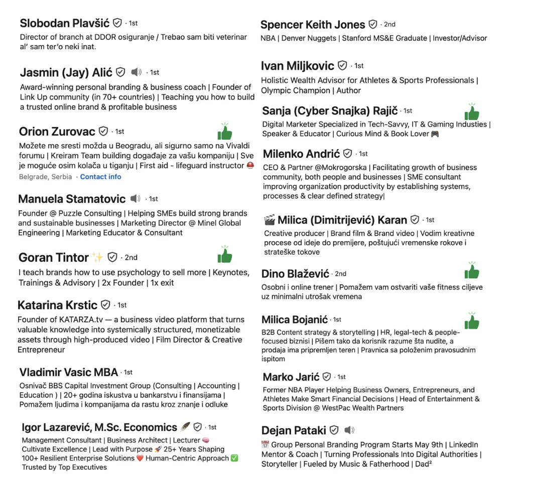 Primeri LinkedIn headline-a — kolaž profila iz pretrage na LinkedIn-u
