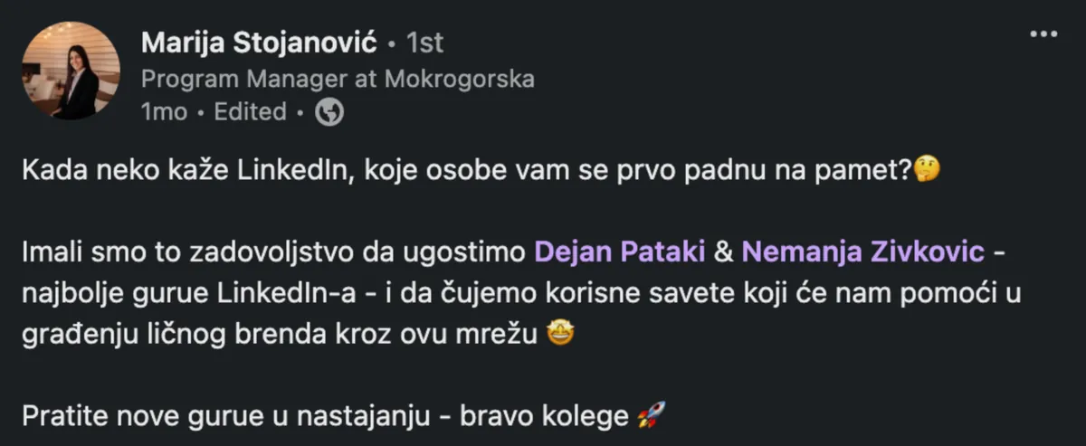 Marija Stojanović – LinkedIn objava