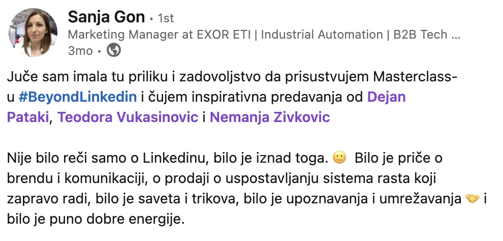 Sanja Gon – LinkedIn objava