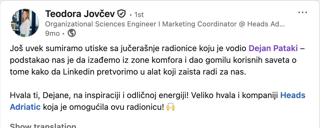 Teodora Jovčev – LinkedIn objava